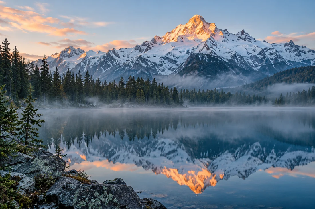 晨雾中的雪山湖泊